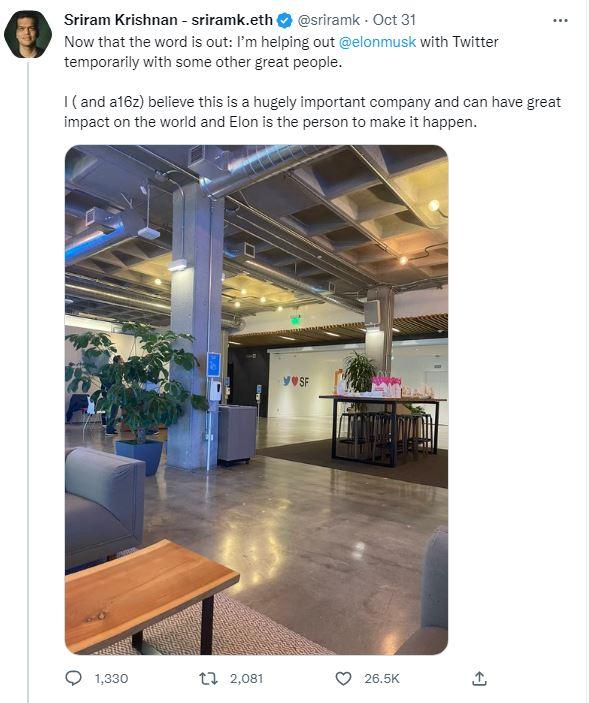 Who is Sriram Krishnan? Wiki, Bio, Age, Height, Net Worth, Twitter, Elon Musk, Crypto, Wife, Education 3 Sriram's tweet