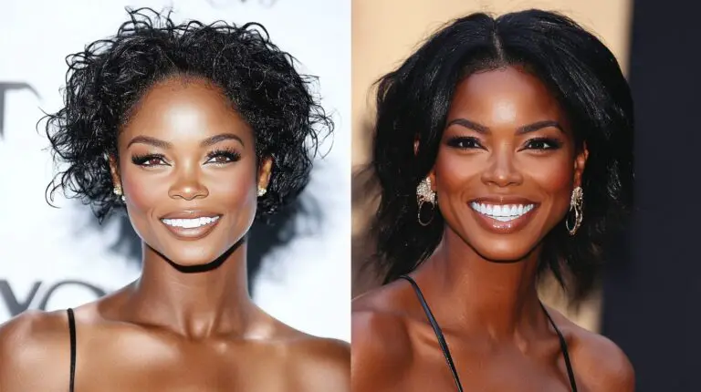 Side-by-side comparison of a celebrity before and after dental work, showcasing a noticeable transformation in her smile with brighter, more aligned teeth