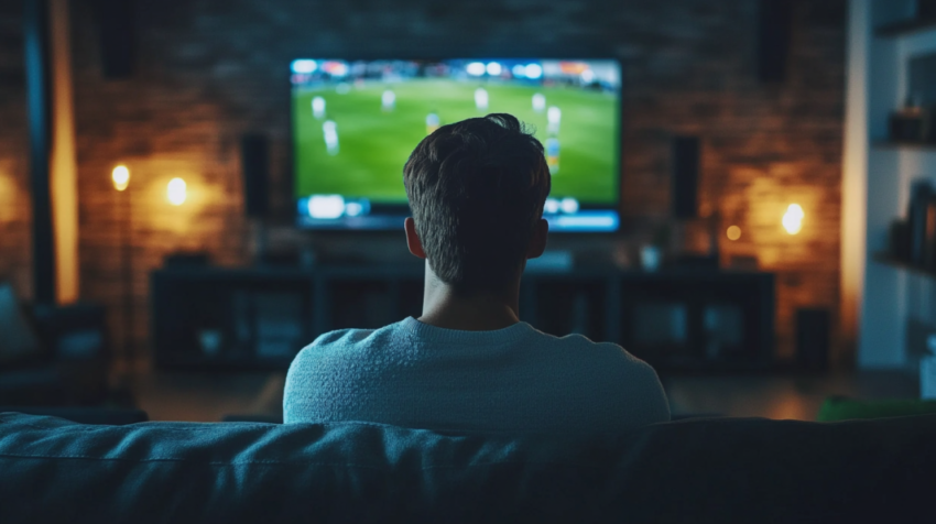 A Person Is Sitting on A Couch in A Dimly Lit Room, Intently Watching a Soccer Game on A Large Television Screen