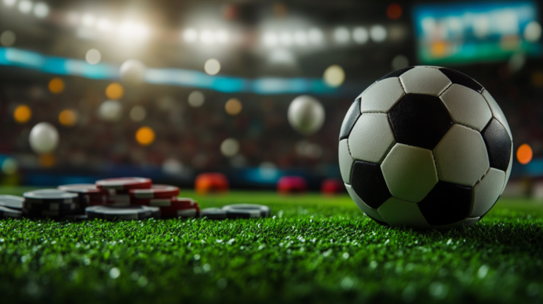 A Soccer Ball on A Grassy Field Is Shown Close Up, with A Stack of Poker Chips Nearby, Suggesting a Connection Between Sports and Betting