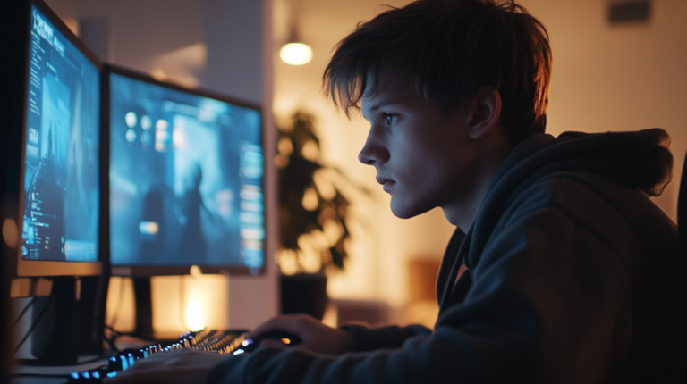 Young Man Playing Video Games on Dual Monitors, Highlighting Potential Side Hustles for Gamers