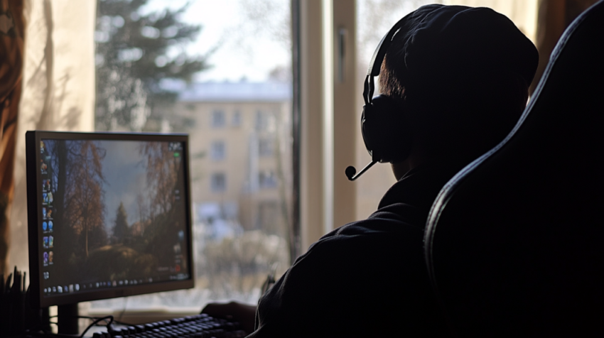 A Person Wearing a Headset Is Sitting at A Desk, Playing a Video Game on A Computer 