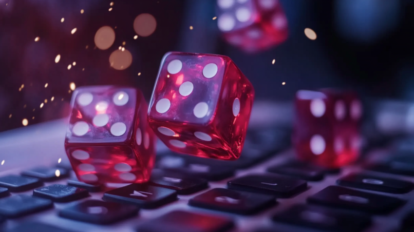 Close-Up of Red Dice Rolling Over a Keyboard, Emphasizing the Excitement of Online Gambling