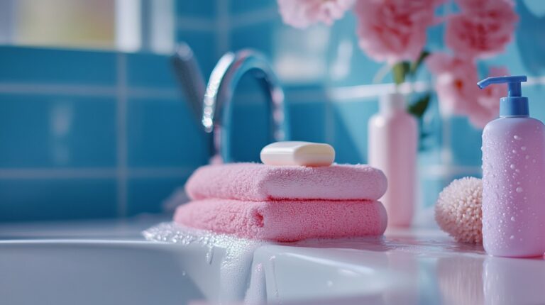 Baby-proofed bathroom sink with pink towels, a bar of soap, lotion bottle, and soft cleaning accessories in a bright, clean setup