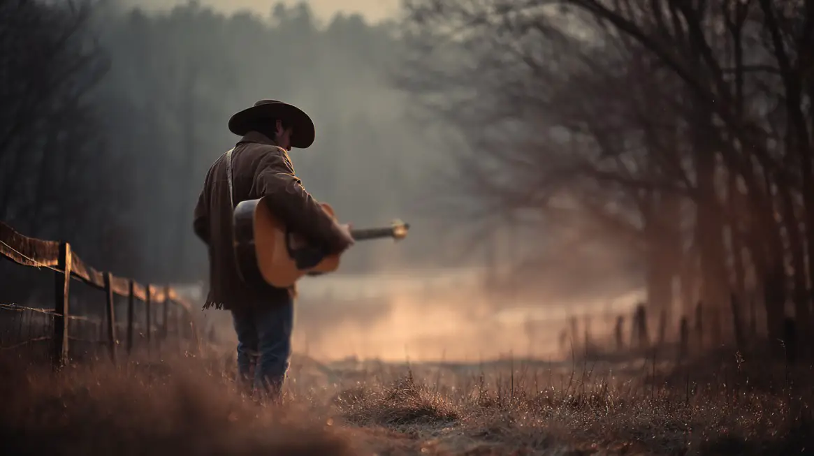 Man in cowboy hat playing guitar near a fence at sunrise in a misty field