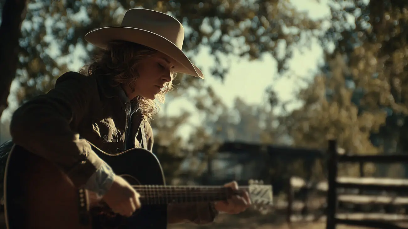 A person wearing a cowboy hat plays an acoustic guitar outdoors in soft, golden sunlight