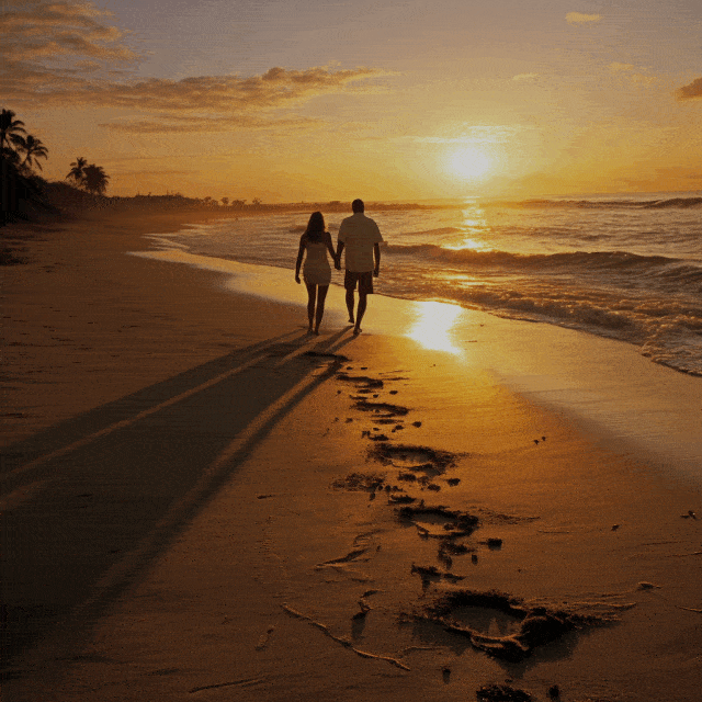 animated morning sunrise couple walking on the beach