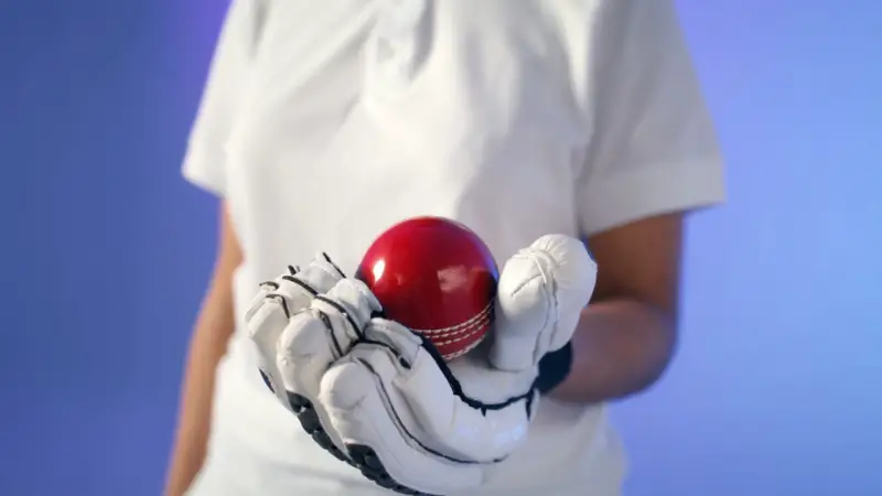 A cricketer holds a red ball in gloved hands, symbolizing the top cricketers everyone talked about in 2025