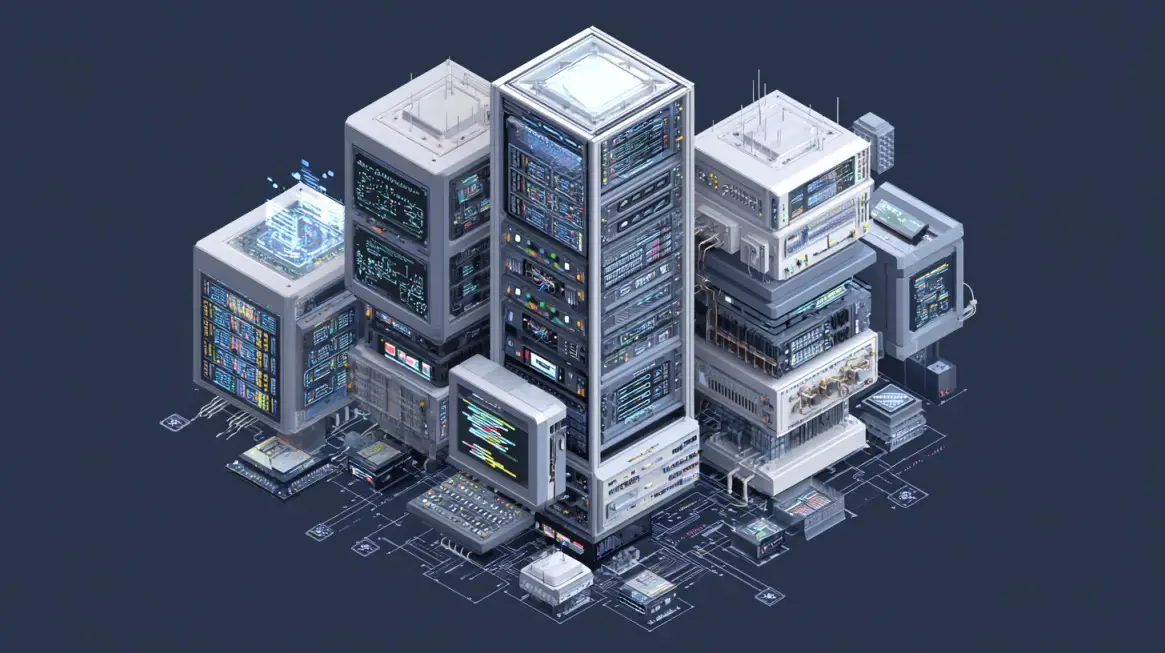 Futuristic illustration of interconnected computer servers and circuit boards, symbolizing complex computer systems architecture
