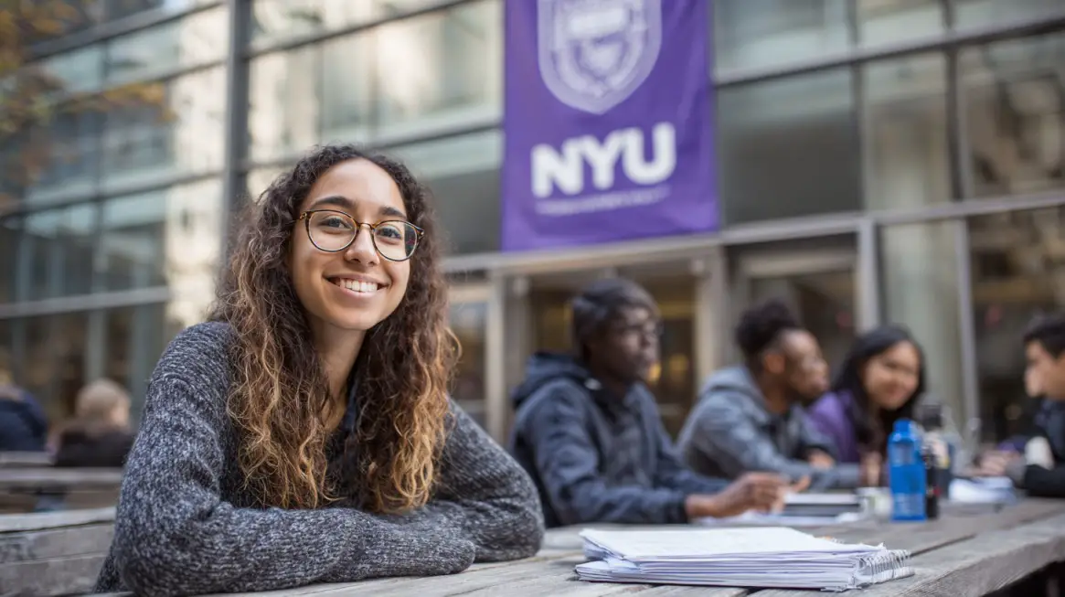 Smiling student seated outdoors at NYU campus with a stack of papers, and other students talking in the background near a purple NYU banner