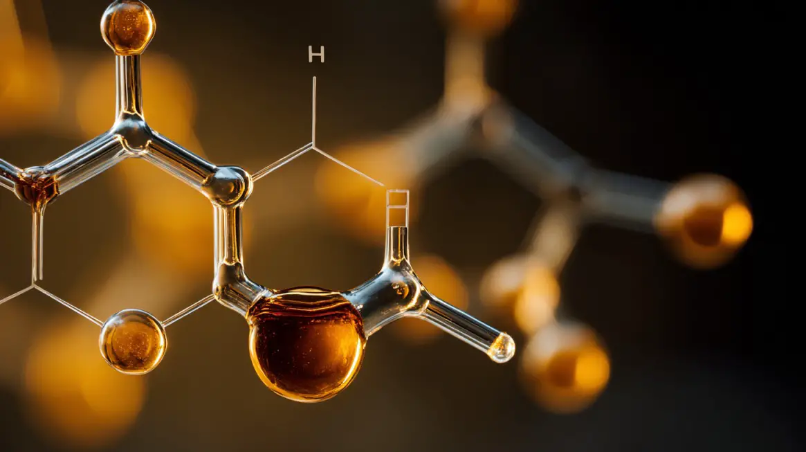 Close-up 3D visualization of an organic molecule structure, with golden atoms and chemical bonds against a dark background