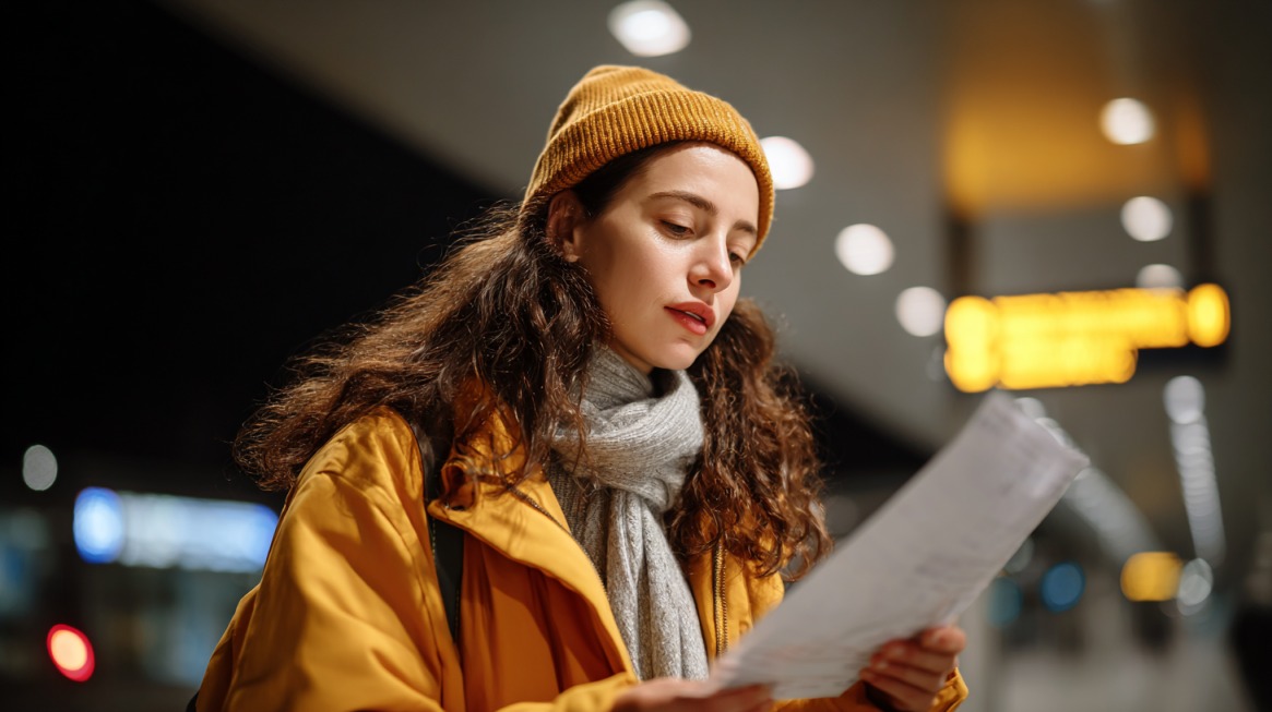 Young woman in a yellow jacket and beanie reading documents at a train station or airport