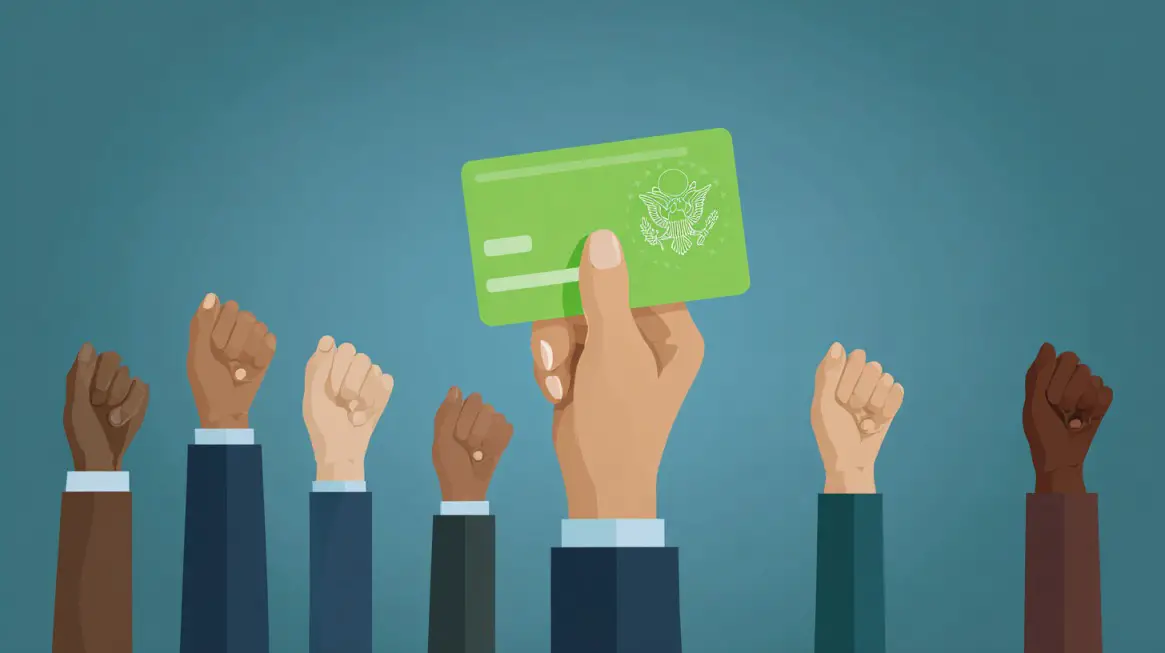 Illustration of diverse hands raised in the air, with one hand holding a green U.S. Permanent Resident Card against a blue background