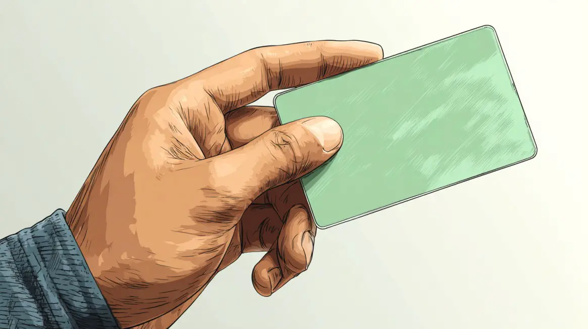 Illustration of a hand holding a blank green card, representing U.S. permanent residency