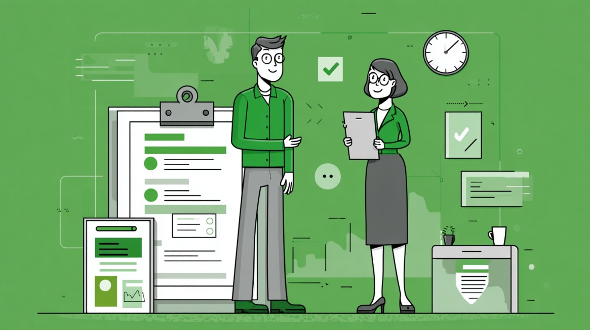 Illustration of two people discussing documents, with large checklists and charts in the background, symbolizing green card processing timelines