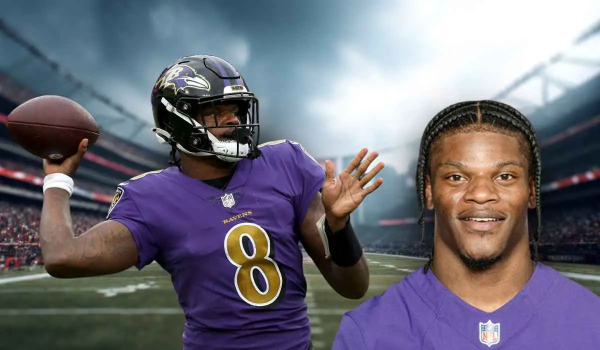 Lamar Jackson in a Baltimore Ravens uniform, with one image showing him throwing a football and another close-up portrait