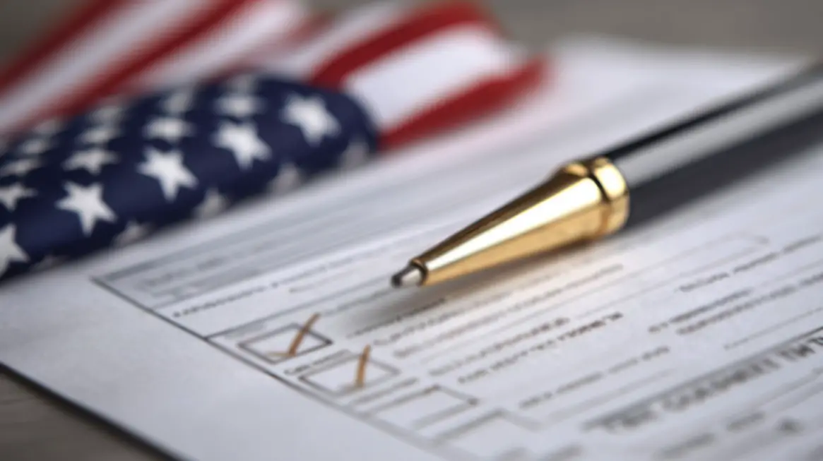 Close-up of a pen resting on a completed immigration form with checkboxes marked, next to part of a folded American flag