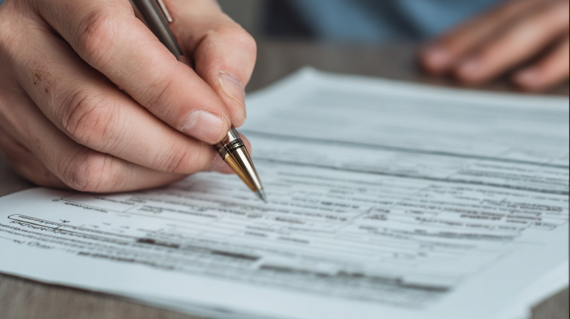 Close-up of a hand filling out a form with a pen, symbolizing the green card application process