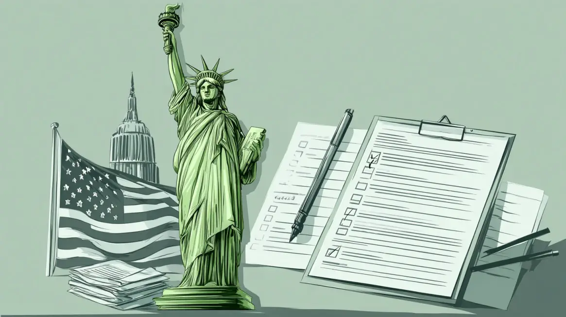 Illustration of the Statue of Liberty beside an American flag, legal documents, a clipboard with a checklist, and pens, symbolizing the U.S. green card application process