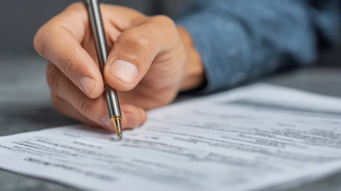 Close-up of a hand holding a pen, filling out an official immigration form