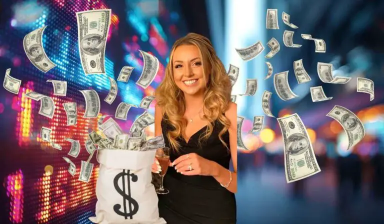 Smiling woman in a black dress holding a drink, standing beside a money bag with dollar bills flying around