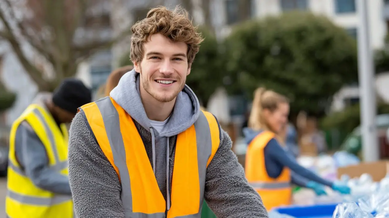 Young volunteer wearing an orange safety vest smiling while helping at an outdoor community event