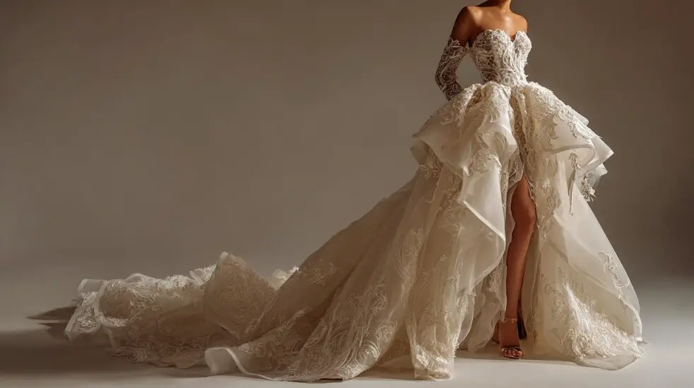 Bride wearing an ornate, layered wedding dress with a dramatic train in a studio setting