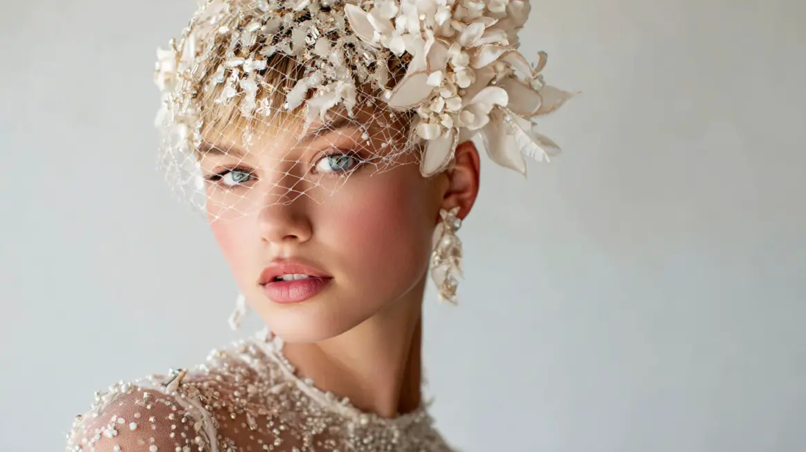 Bride wearing an intricate floral headpiece with a veil and pearl embellishments