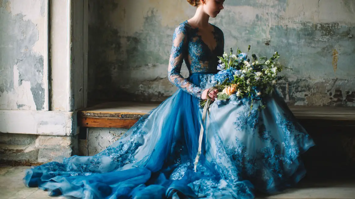 Bride in a blue lace gown holding a floral bouquet