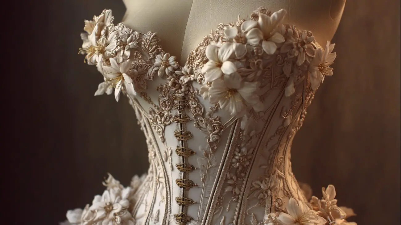 Bride seen from behind wearing a lace wedding dress and veil in a forest setting