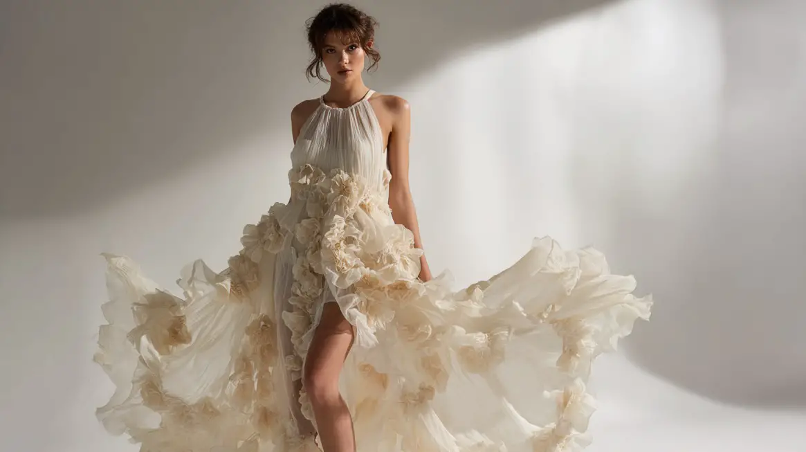 A model wearing a light, airy wedding dress with ruffled floral details and a high slit, standing in soft studio lighting