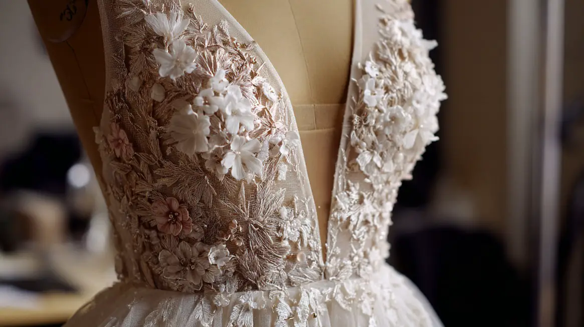 Close-up of a wedding dress bodice featuring intricate three-dimensional floral lace and beadwork