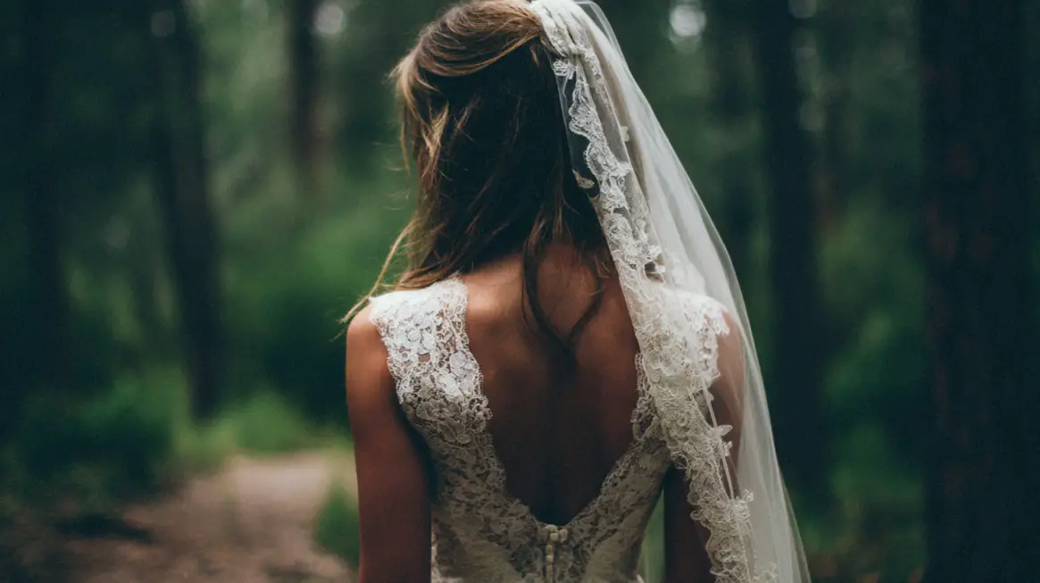 Back view of a bride in a lace wedding dress standing on a forest path