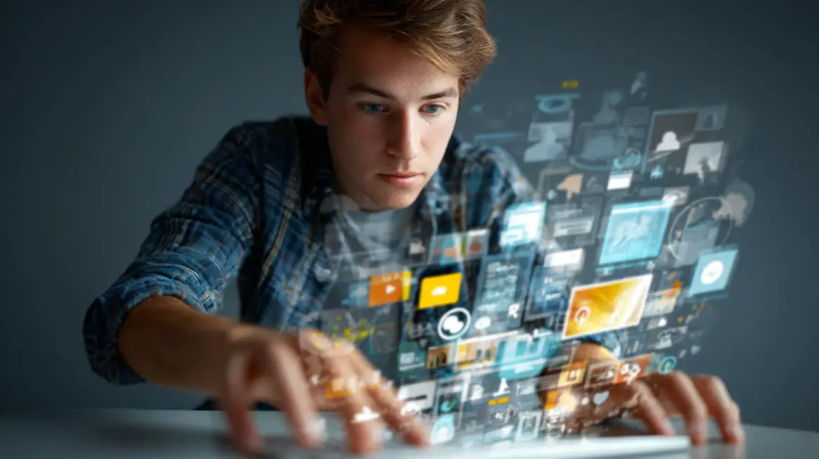 Young person interacting with a futuristic digital interface displaying media and data elements