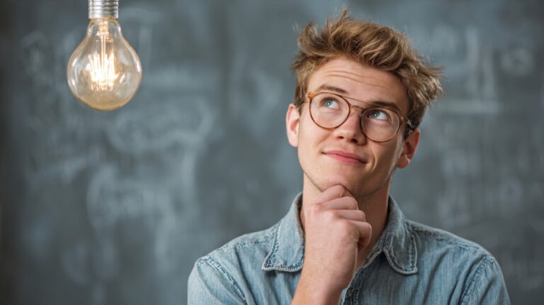 Thoughtful young man wearing glasses looking upward beside a glowing light bulb