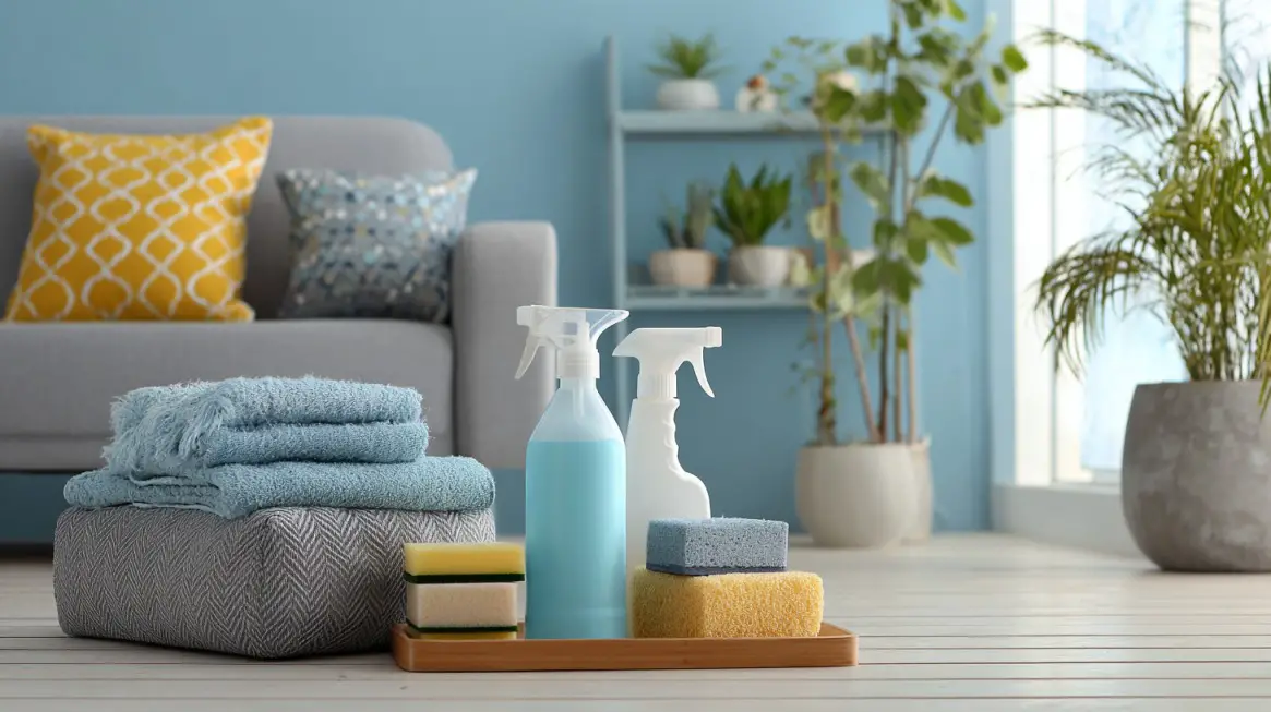 Cleaning bottles sponges and folded towels placed on the floor in a bright living room