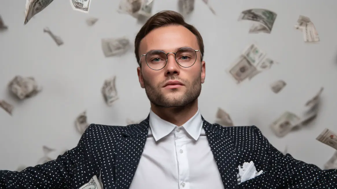 Well-dressed man standing confidently with money falling around him