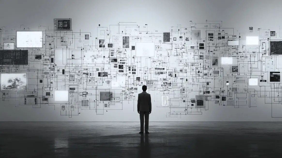 Top 10 Secrets From Successful Entrepreneurs That Save Time and Boost Revenue 3 Person standing in front of a massive wall of interconnected diagrams and screens, representing a complex system