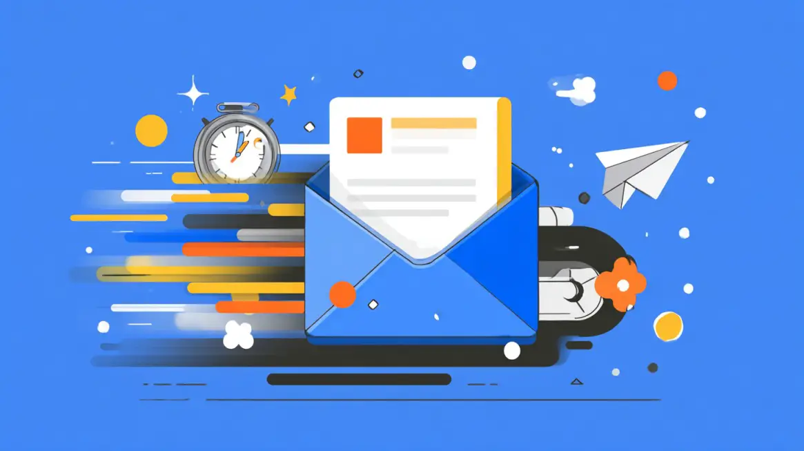 Top 10 Secrets From Successful Entrepreneurs That Save Time and Boost Revenue 1 Illustration of a fast-moving envelope with a letter inside, accompanied by motion lines, a stopwatch, and a paper airplane on a blue background