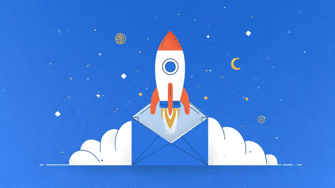 Top 10 Secrets From Successful Entrepreneurs That Save Time and Boost Revenue 2 Illustration of a rocket launching out of an open envelope against a starry blue background