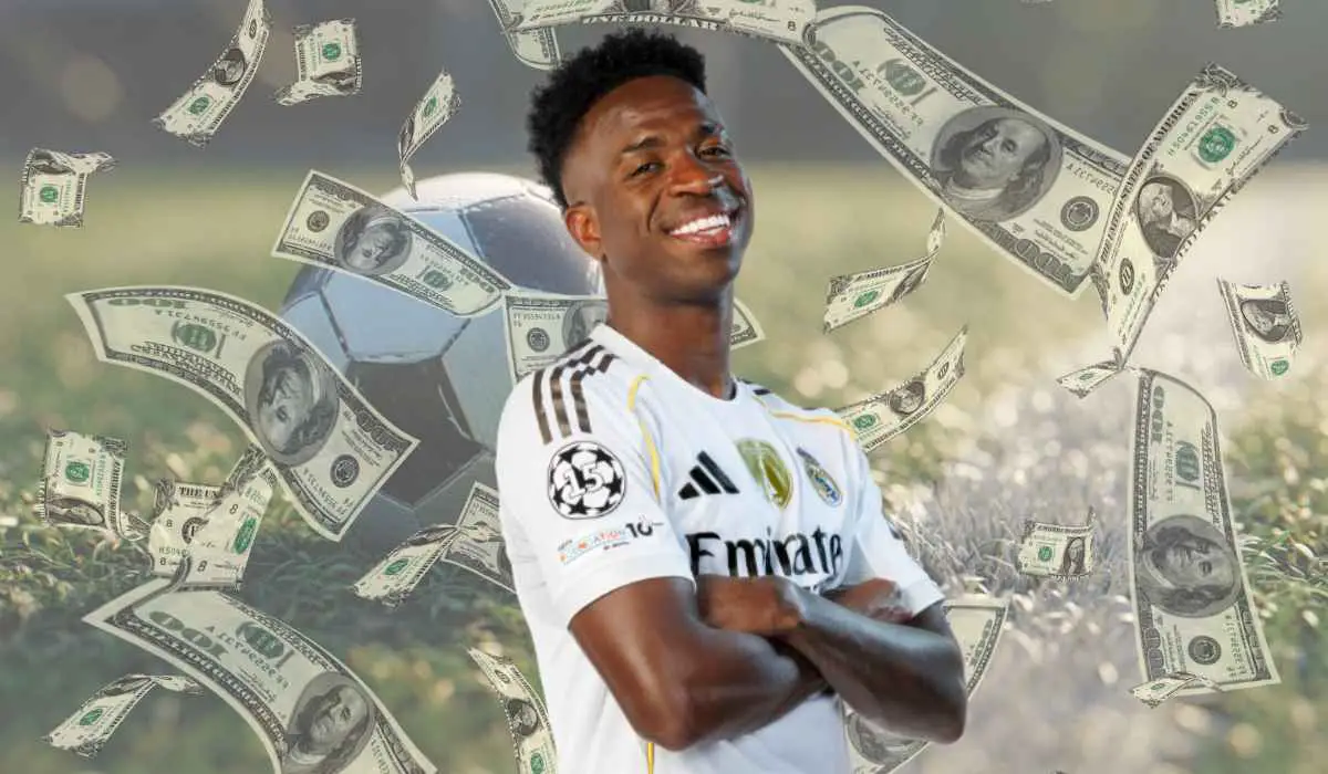 Soccer player smiling with arms crossed while dollar bills float around him
