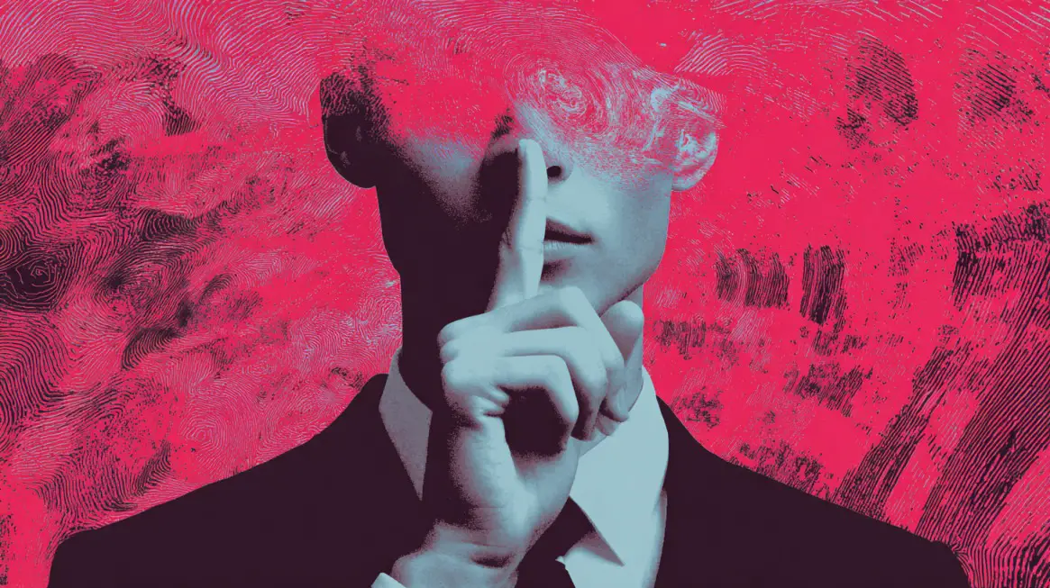 Top 10 Secrets From Successful Entrepreneurs That Save Time and Boost Revenue 4 Surreal illustration of a person in a suit holding a finger to their lips against a textured red background
