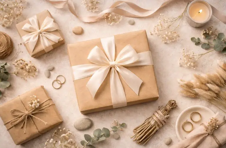 Elegant flat lay of a large wrapped gift with a soft ribbon, surrounded by neutral-toned decorative elements