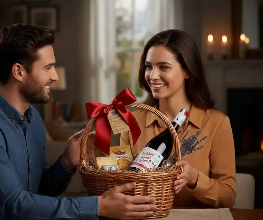 A smiling couple in a warm, cozy setting holds a gift basket with wine and delicacies, decorated with a red ribbon.
