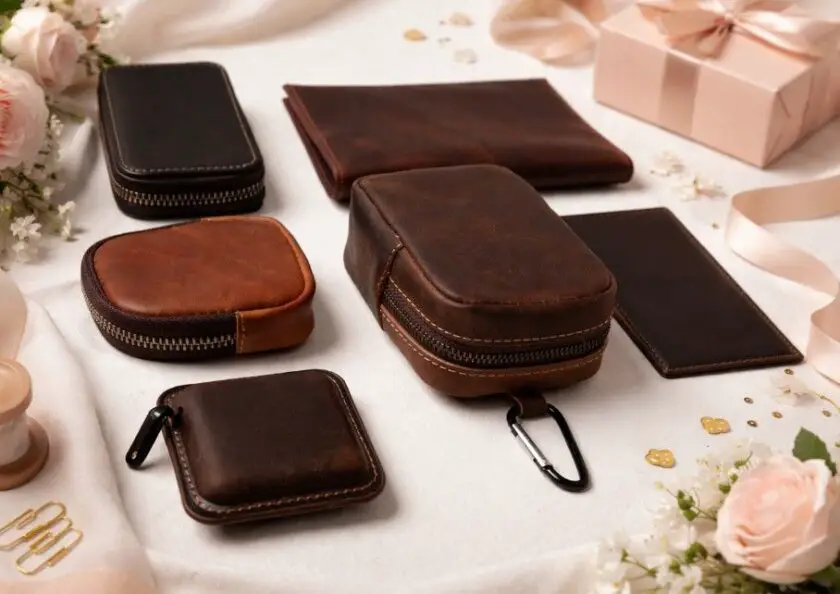 Leather accessories in warm brown and black tones arranged on a light, soft background. The image features leather wallets and small zippered pouches