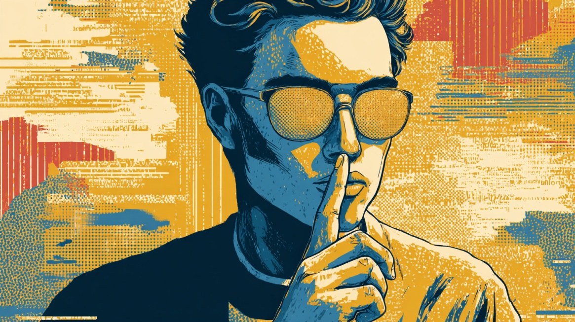 Stylized illustration of a person wearing sunglasses making a quiet gesture