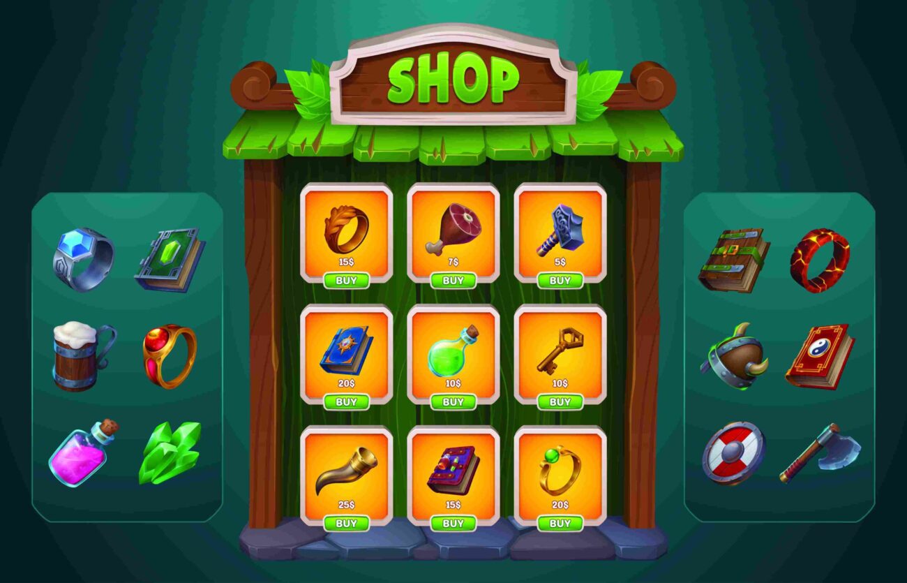 Colorful fantasy game shop interface showing items, prices, and buy buttons in a mobile-style design