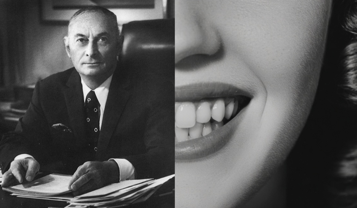 Black and white image of a man beside a close up of a smiling mouth