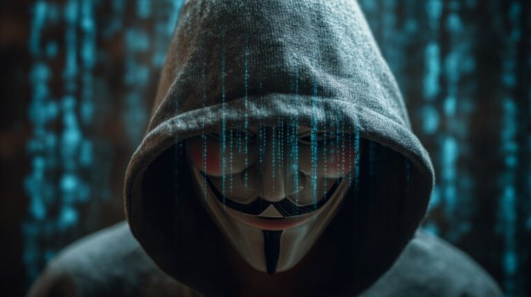 Person in a hoodie wearing a mask with digital code overlay representing online anonymity