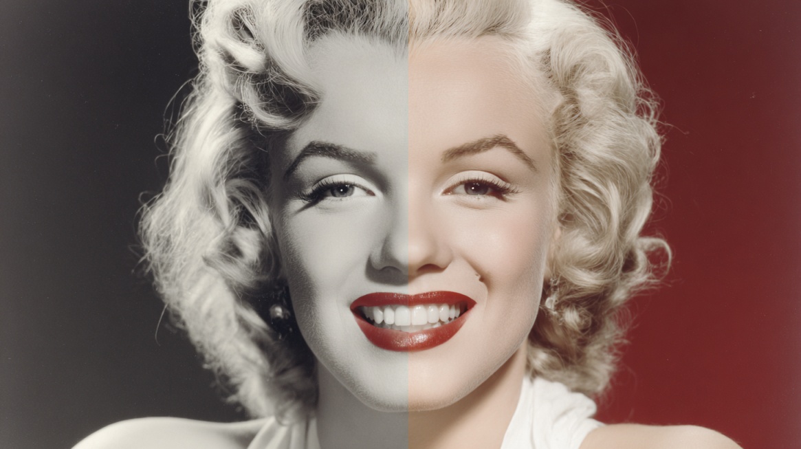 Split image of a woman with one side in black and white and the other in color showing a bright smile